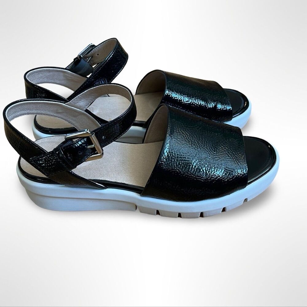 GEOX Wimbley Women's 8 Sandals Black Patent Leather Buckle White Rubber Sole - Picture 3 of 7